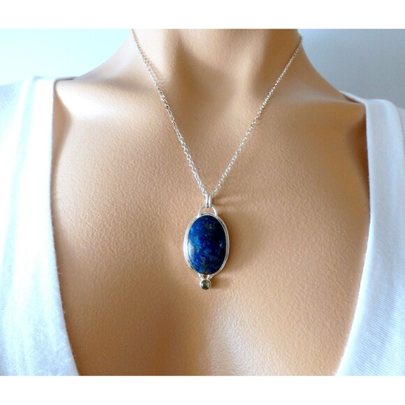 Natural Deep Blue Azurite & Blue Topaz  925 Sterling Silver Pendant - Picture 3 of 8